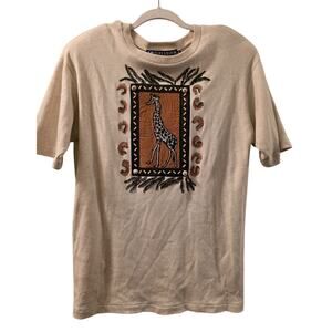 Vtg Safari Embroidered Beaded Womens Short Sleeve Cotton Shirt Giraffe Top S